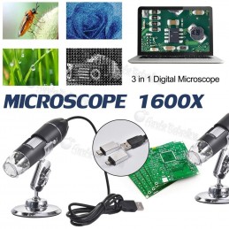 Microscopio USB 1600X + Adaptadores Micro USB y USB tipo C  / 8 Luces Led