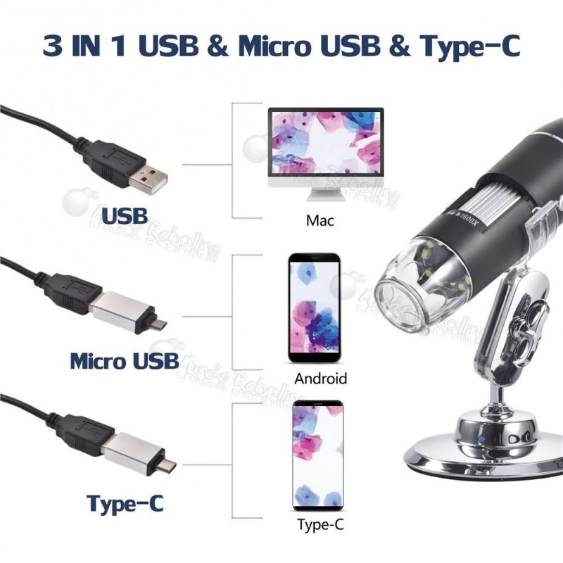 Microscopio USB 1600X + Adaptadores Micro USB y USB tipo C  / 8 Luces Led