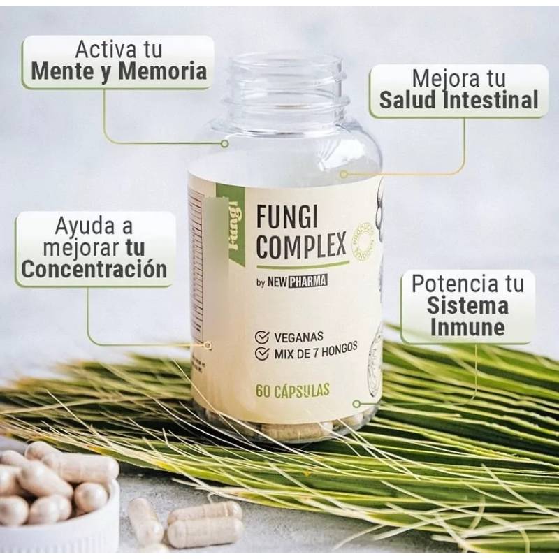 Cápsulas Newpharma Fungi Complex con mix de 7 hongos funcionales Reishi, Chaga, Cordyceps y Melena de León